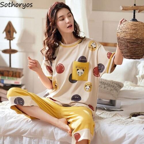 Women Pajama Sets Short Sleeve Cartoon Printed Lovely Fashion Loose M-3XL Sleepwear Chic Ruffles Calf-length Pants Teens Cozy