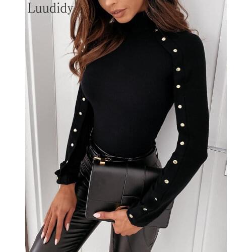 Women Fashion Elegant High Neck Button Design Pullover Solid Long Sleeve Skinny Sweatshirt