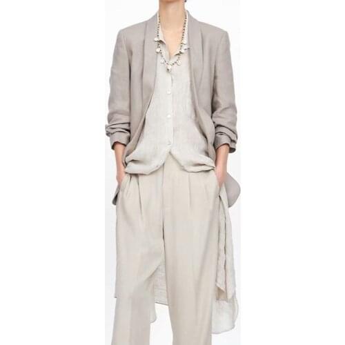 SuFuSeason Three Quarter Wrinkled Sleeves Shawl Collar Slim Linen Womens Buttonless Blazer Coat Suit Blazer