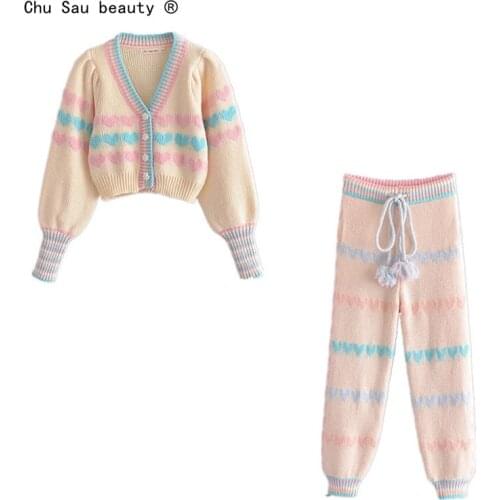 Sweet Love Knit Suit Women 2021 Autumn Winter New V-neck Lantern Sleeve Sweater Cardigan Jacket + Tied Feet Sweater Pants