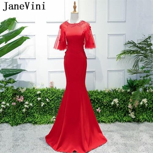 JaneVini Vestidos Satin Red Mother of Bride Dress Mermaid Half Sleeve Lace Applique Beads Zipper Back Women Formal Evening Gowns