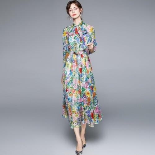 ZUOMAN Women Autumn Elegant Floral Chiffon Dress Festa High Quality Long Vintage Party Robe Femme Runway Designer Vestidos