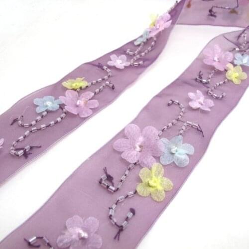 1 5/8 Inches Blue Chiffon Organza Hand beaded Embroidered Floral Trim|Chiffon Flower Trim|Hair Bow Making Jewelry Sewing Couture