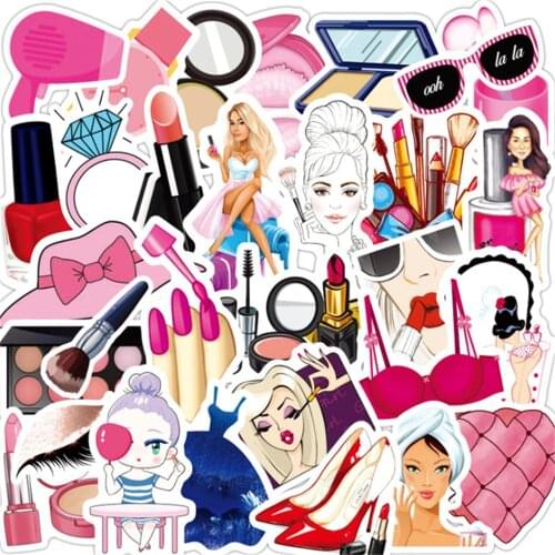 10/30/50PCS Pink Girl Makeup Set Lipstick Perfume Bottle Motorcycle Waterproof Laptop Sticker Decorative Sticker Toy Wholesale
