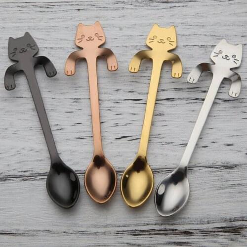2pcs Cat Teaspoons Stainless Steel Cartoon Cat spoons Creative Ice Cream Dessert Long Handle Coffee&Tea Spoon Tableware Colors