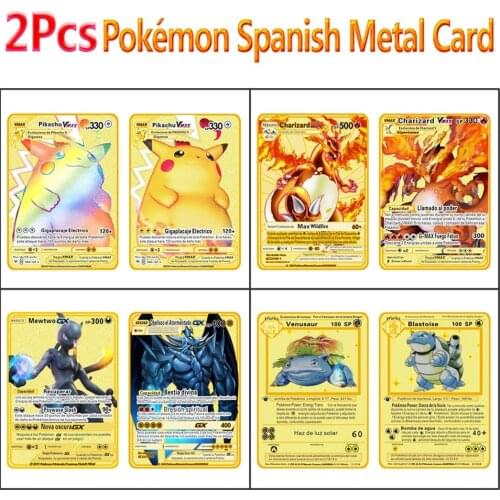 5PCS Francaise Pokemon Metal Cards Display Pokémon Pikachu Gold Carte Playing Game V VMAX French Card Collection Kids Toys Gift