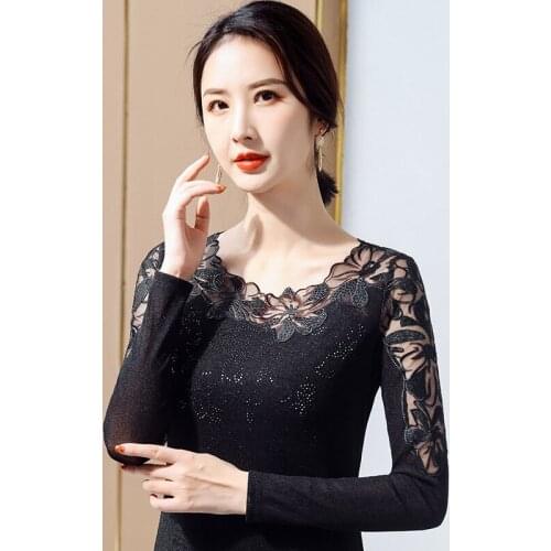 2021 Autumn Fashion Women Bottoming Shirts Long Sleeve Stylish Lace Floral Patchwork Slim T ShirtSolid Sexy Hollow Out Camiseta