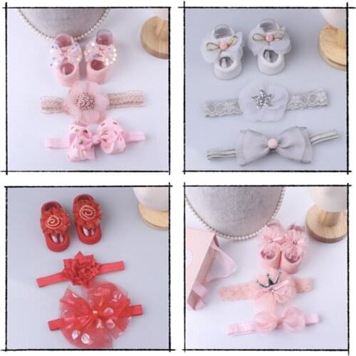 3Pcs Baby Crown Headbands + Socks Set Kids Newborn Baby Cartoon Socks Anti-slip Floor Sock Shoes Bowknots Socks Baby Gifts 0-1T