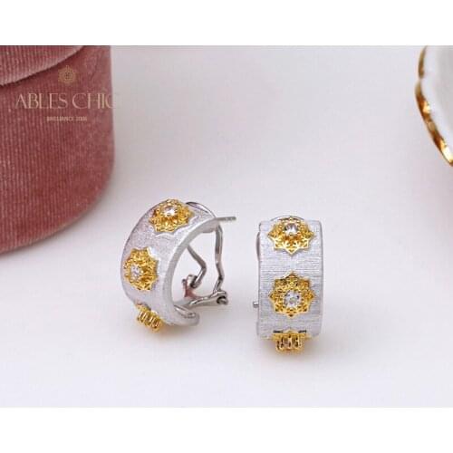 925 Solid Silver Silk Pattern Prong Set CZ Hoop Earrings 18K Gold Tone Flowers Rich Detail Wide Clip on Stud Earring C11E4S25334