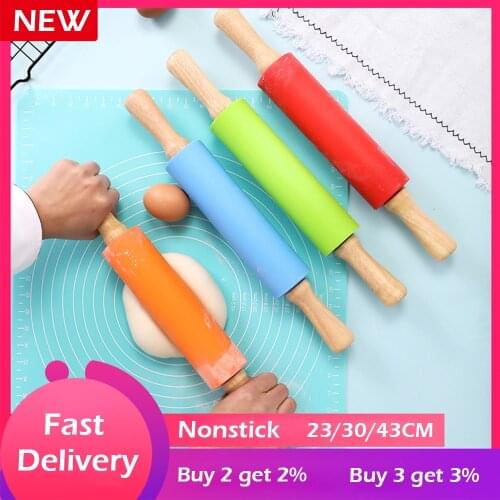 Non-Stick Silicone Rolling Pin with Wooden Handle Cookie Dough Stick Fondant Tool Baking Noodle Cake Dough Roller Baking Tools