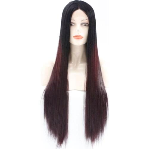 Ombre Burgundy Synthetic Wig for Women 99j Long Straight Hair Wigs with Black Roots Deep Wine Red Wigs Lace Front Wig