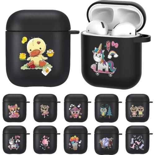 For Apple Airpods (1st Gen/2nd Gen) Cartoon Earphone Cases Soft Silicone Matte Black Headphone Cases Cute Style Protective Cover