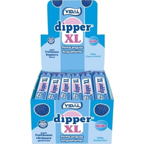VIDAL DIPPER XL raspberry lipstick box 100 units. Sour Raspberry flavor chewy candy. Paint your tongue blue