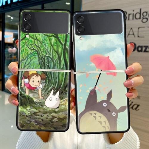 Black Hard Case For Samsung Galaxy Z Flip 3 5G Luxury PC Shockproof Phone Cover ZFlip 3 Bumper Fundas Studio Ghibli Totoro Coque