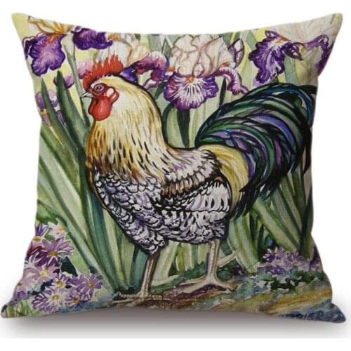 18" Water Color Rooster Coq Daffodil Painting Home Decor Pillow For Sofa Linen Cotton Square Car Pillow Case Cushion Cover 45x45