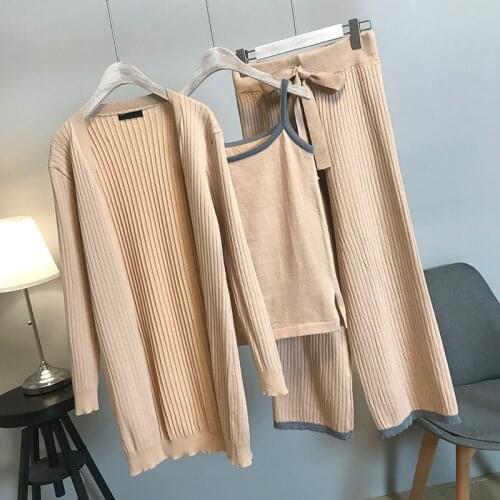 3 Piece Outfits for Women 2020 New Casual Knitted Woman Set Long Cardigan Knitted Jacket + Vest + High Waist Wide Leg Pant Suit