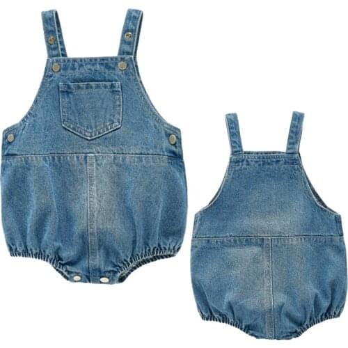 Summer Infant Solid Rompers+Hat Newborn Baby Cute One-pieces Kids Cowboy Jumpsuit 2020 New Lovely Baby Girls Boys Pocket Romper