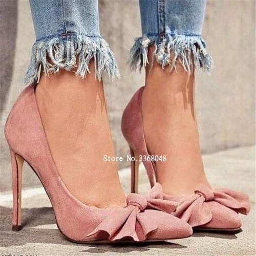 Sweet Pink Girls Butterfly-knot Stiletto Heeled Woman Pumps Slip On Shallow Pointed Toe Party Dress Pumps Dating Occasion Shoes