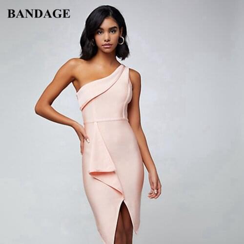 Fashion Summer One Shoulder Pink Bandage Dress Ruffles Knee Length Off Shoulder Dresses Bodycon HL Vestidos Pink
