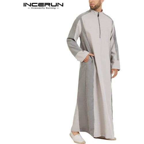 Men Islamic Muslim Kaftan Patchwork Stand Collar Long Sleeve Zipper Jubba Thobe Dubai Abaya Middle East Men Clothes 5XL INCERUN