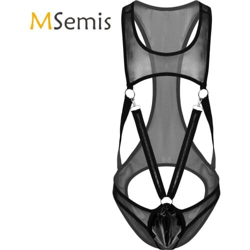 Mens Lingerie See-through Mesh Singlet Bodysuit Patent Leather Bulge Pouch Leotard Strappy O-ring Jumpsuit for Stage Performance