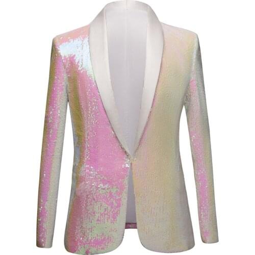 Men Formal Tuxedo Pink White Sequins Pure Blazer Evening Party Celebrate Prom Host Singer Stage Performance Suit Jacket Costume