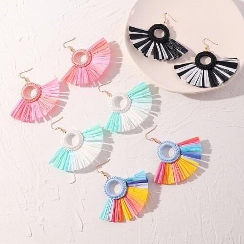 New Arrival Boho Drop Earrings Womens Bohemia Color Lafite Grass National Wind Geometric Fan Pendant Earrings Jewelry for Girls
