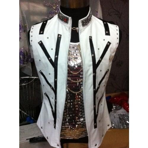 New fashion Male singer Dj handmade white rivet jacket vest Party show singer dancer stage costumes outwear