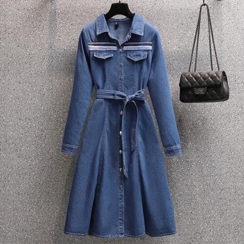 Autumn Long Dress Long Sleeve Shirt Dress Women Denim Long Dresses Pocket Button plus size Dress Casual Loose Dresses 2021