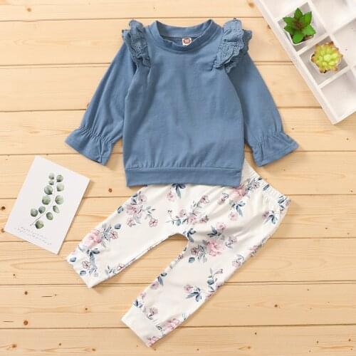 1-4T) Girl suit winter solid color round neck lace flared sleeve long sleeve + floral long skirt pants suit детские вещи 50