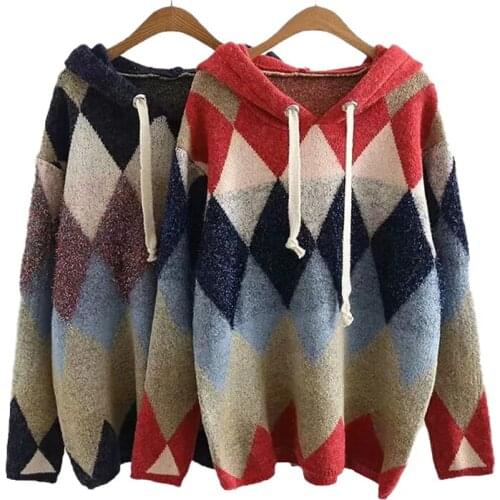 OUMENGKA Korean Fashion Style Spring Autumn Pattern Argyle Pullovers Loose Oversized Hooded Knitted Sweaters Woman Jumper Mujer