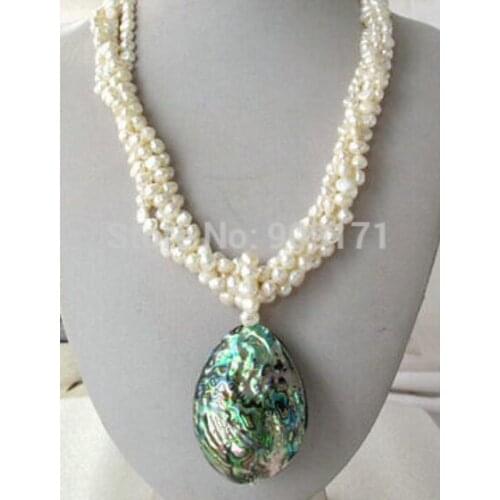 Jewelry Pearl Necklace 4 ROW White Nugget Baroque Pearl Necklace Abalone Pendant 18" Free Shipping
