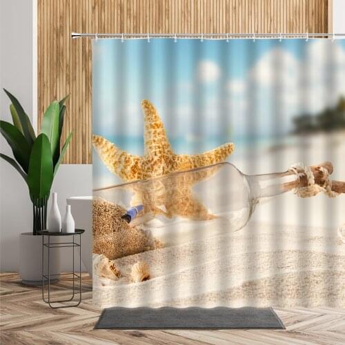 Beach Natural Scenery Shower Curtain Beach Shell Starfish Retro Wood Grain Background Home Decoration Waterproof Bath Curtains