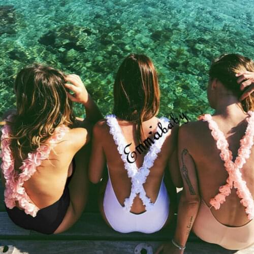 Sexy Women Bikini Floral One Piece Swimsuit Solid Backless Stretch Slim Cross Up Monokini Swimwear Push Up Padded Bikini