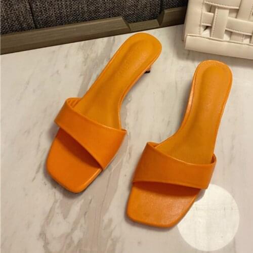 Solid orange color leather slippers women strange diamond heels summer slides shoes open toe elegant ladies flip flops 2020 mule
