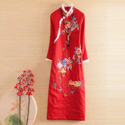 High Quality Women Qipao Dress Autumn And Winter Royal Embroidery Vintage Elegant Lady Warm Cheongsam Dress S -XXL
