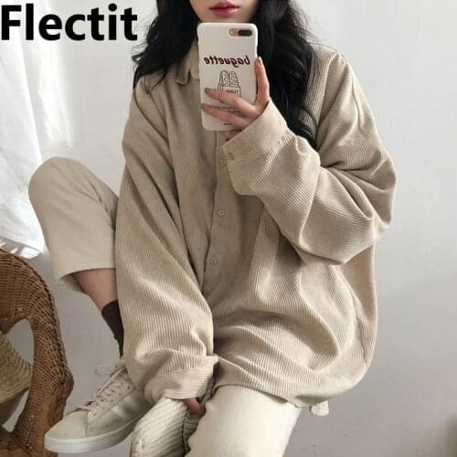 Flectit Corduroy Oversized Shirt Women Long Sleeve Lapel Collar Button-Down Boyfriend Style Autumn Winter Warm Tops