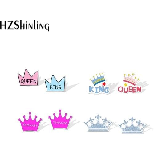 2019 New Queen King Acrylic Earring Pink Blue Crown Stud Earring Stainless Steel Epoxy Earring Gilfts Women