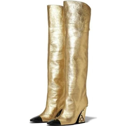 Womens Wedge Boots Lady Gold High Tall Boot Woman Knee Winter Boots Ladies High Heel Shoes Women Shoe Diamond Boots
