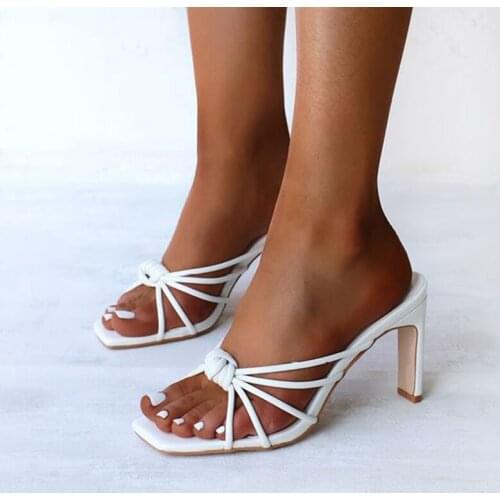 Womens Slippers Knot Narrow Band Big Size Woman Summer Slides PU Leather High Heels Sexy Ladies Pumps White Shoes 2021
