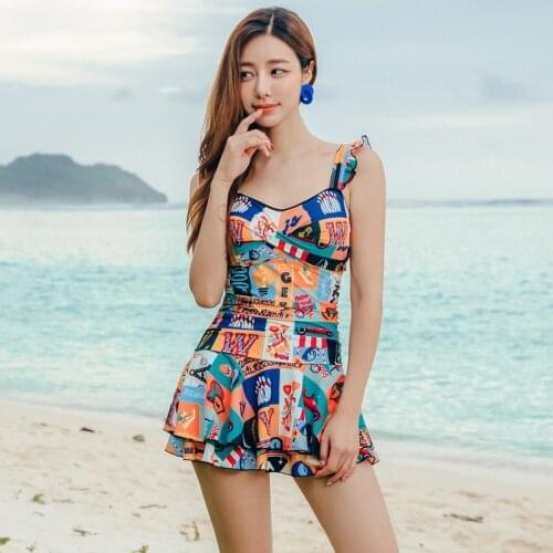 SANQi female swimsuit one-piece skirt conservative slimming belly covering hot spring vacation fairy fan swimswear swimming suit