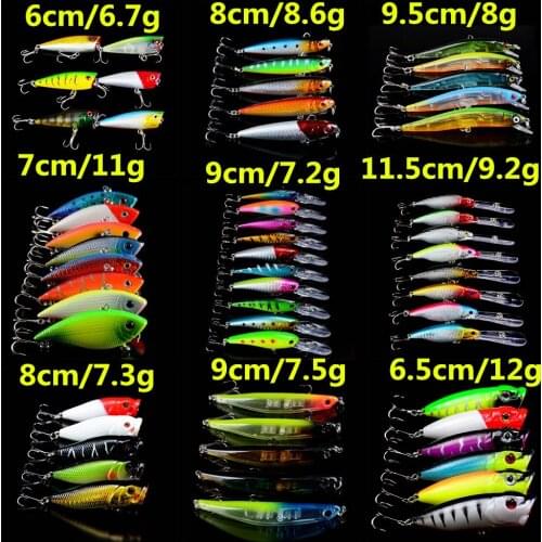 58pcs/lot Fishing Bait Set Mixed 9 Models Fishing Lures Artificial 58 Colors Quality Good Crankbait Hooks Fishing Tackle H-T126