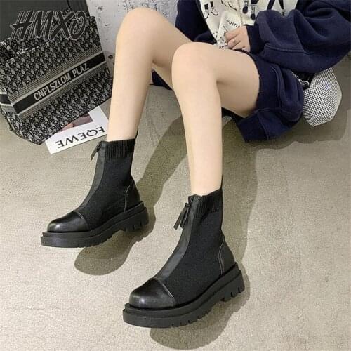 HMXO Front Zipper Martin Boots Retro Flying Woven Mesh Ankle Women Boots Platform Bottom British Style Boots Women Roman Shoes