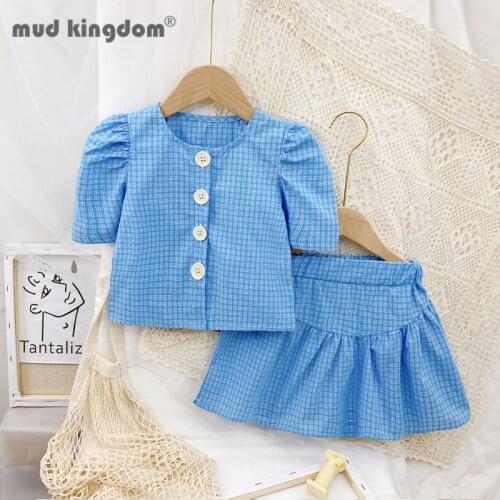 Mudkingdom Baby Shirt Skirt Plaid Sets for Girls Puff Sleeve Crew Neck Single Breasted Set Kids Casual Comfortable Outfits