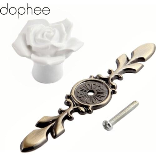 Dophee Door Handle Pink/White Rose Vintage Ceramic Alloy Base Cabinet Knobs Cupboard Dresser Kitchen Furniture Door Pull Knob