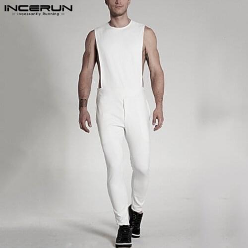 INCERUN Men Solid Color Rompers Sleeveless O Neck Jumpsuits Fashion Fitness Bib Pants Zippers Streetwear Overalls Suspenders 5XL