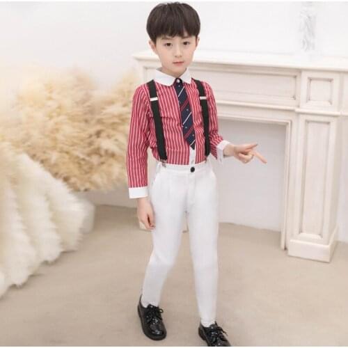 Wedding Suit For Boys Girls Kids Formal Prince School uniform Dress Gentleman Strap Shirt Pants Tie 4Pcs Performance Costume