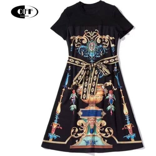 Summer Casual midi dress women vintage printed black bow traf women retro ladies streewear boho dresses robe femme vestidos ZA