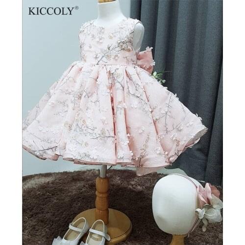 Cute Pink Tulle Floral Newborn Baby Girl Flower Lace Baptism Dresses for 1 Year First Birthday Princess Christening Gown Outfit
