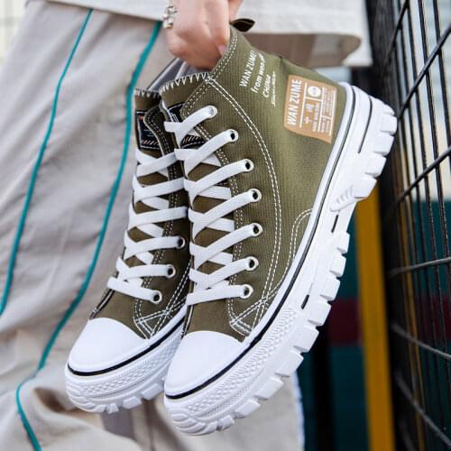 Fashion Green Men Light Breathable Canvas Spring Autumn Casual High Top Solid Color Trendy Casual Sneakers Skateboarding Shoes